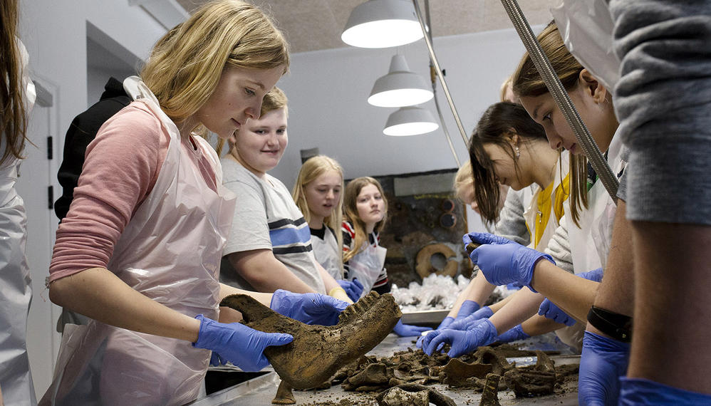 Elever arbejder med arkæologiske fund