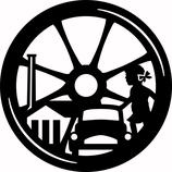Logo for Oplevelsescenter Nyvang. Et hjul med et andelsmejer, en bil og et legende barn indeni. 