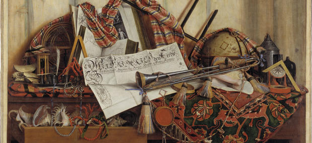 Cornelius Norbertus Gijsbrechts, Trompe l'oeil med trompet, himmelglobus og Frederik III's proklamation, 1670