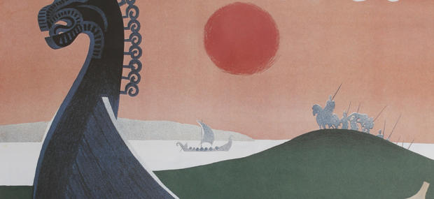 Plakat af Ladbyskibet fra 1930'erne på Vikingemuseet Ladby