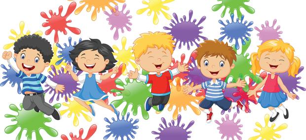 En masse tegnede glade børn er omgivet af malerklatter i klare farver