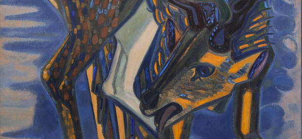 Aktæon forvandler sig fra menneske til hjort. Malet af Axel Salto i 1937.