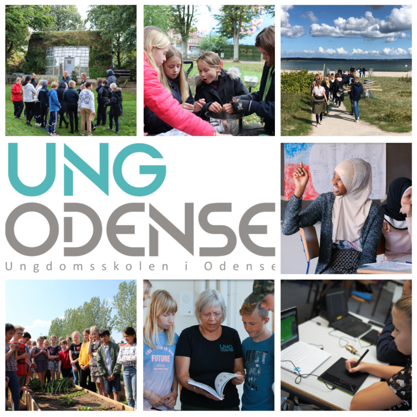 UngOdenses logo omkranset af billeder fra skoletilbud med unge