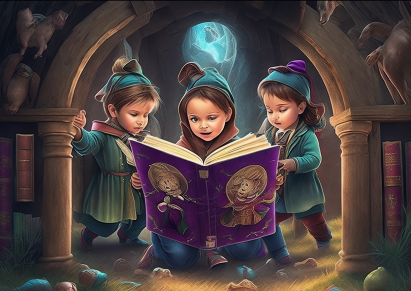 3 børn læser i en bog
