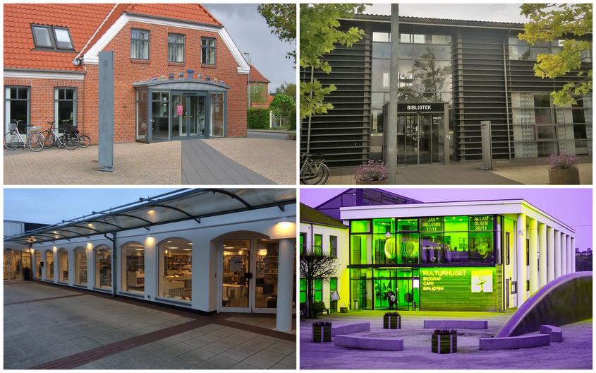 Collage af alle fire biblioteker i Skanderborg Kommune: Galten, Hørning, Ry og Skanderborg.